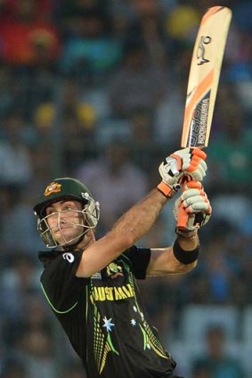 Glenn Maxwell hits a boundary during the T20 against Pakistan.