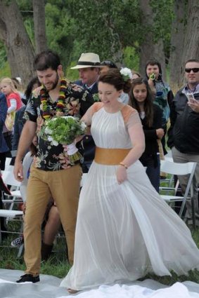 Members of the Burley Griffin Canoe Club, Justin Channels and his bride, Jay Crawford, were married at Molonglo Reach, in front of the club rooms.