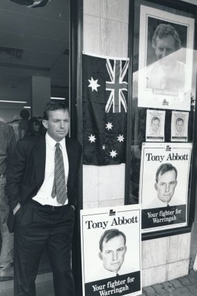 A young Tony Abbott awaits John Hewson to launch his campaign to win Warringah in the 1994 by-election.