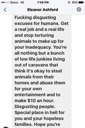 A screen schot of the kind of abusive messages that are being increasingly sent to Australian circuses. 