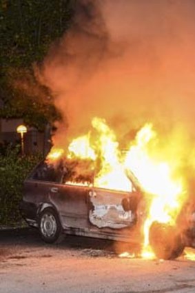 A burning car in Kista.