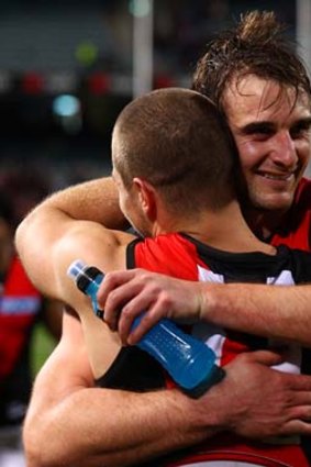 David Zaharakis and Jobe Watson rejoice after defeating West Coast in round 14. But their joy could turn to tears once the ASADA investigation is complete.