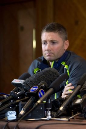Australian cricketer David Warner and Captain Michael Clarke talk to the press at Royal Garden Hotel on June 13, 2013 in London, England.