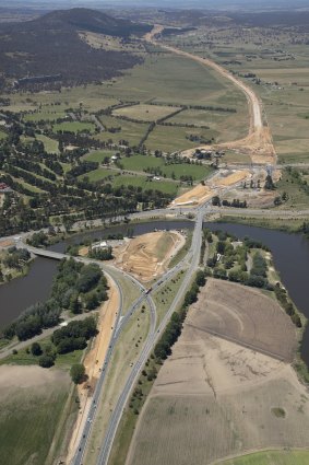 Work on the Majura Parkway  bridge over the Molonglo River has come a long way since this photo was taken in December.