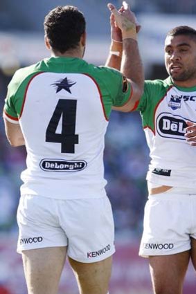 Greg Inglis of the Rabbitohs celebrates after a try against the Raiders.