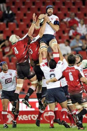 Now for the real test . . . Van Humphries wins a lineout for the Reds during their defeat of the Lions in Johannesburg last weekend.