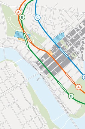 The three options for Brisbane's tube-style inner-city rail system.
