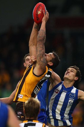 Lance Franklin drags in one of his 11 marks.