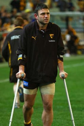 Winged Hawk: Brent Guerra on crutches after the game last night.