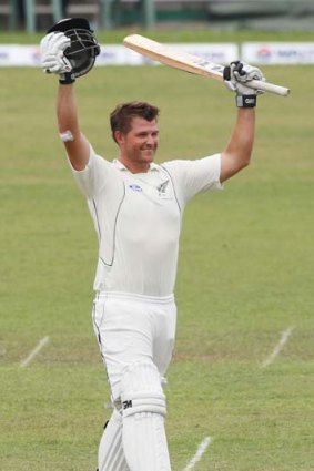 New Zealand's Corey Anderson celebrates after he reached his century against Bangladesh on Wednesday, the third day of the second Test.