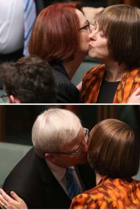 Julia Gillard and Kevin Rudd embrace Nicola Roxon after her valedictory speech.