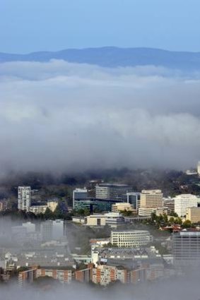 Fog settling over Canberra  early on Thursday morning.