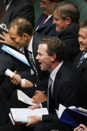 The new manager of Opposition business, Christopher Pyne, interjects during question time yesterday.