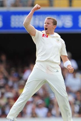 Peter Siddle celebrates on his way to a hat-trick in 2010.