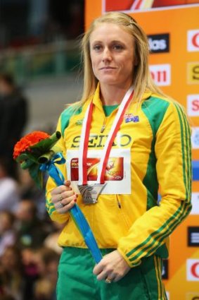Sally Pearson on the podium after she came second in Poland in March.