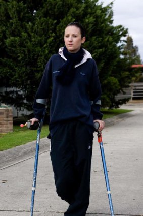 "It takes a toll on everything": Jockey Kylie Keeble needs crutches to move about.