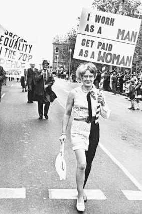 Protest &#8230; the 1969 May Day photo of Nancy Anderson marching in Sydney to promote equal pay for women.