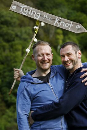 Trent Kandler, left, and Paul McCarthy are an Australian couple who won an all-expenses-paid same-sex wedding in Wellington on Monday.