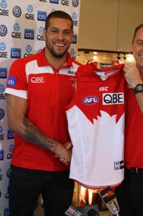 Lance Franklin with Sydney coach John Longmire after signing for the Swans.