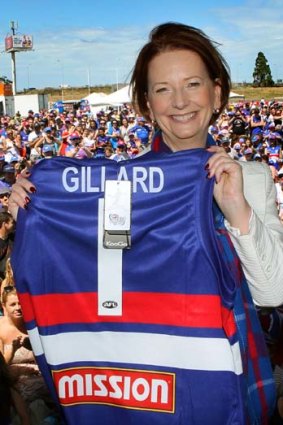No. 1 with a bullet &#8230; Julia Gillard being presented yesterday with a Western Bulldogs jumper.
