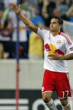 Tim Cahill celebrates a goal for the New York Red Bulls.