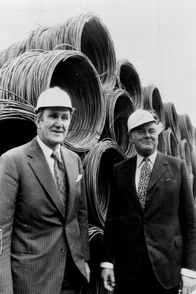 PM Malcolm Fraser and Opposition Leader Gough Whitlam at the opening of a steel mill in Geelong in 1976. The workers cheered Mr Whitlam.