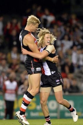 Nick Riewoldt shares Eli Templeton’s joy at his first goal.