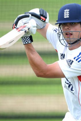 Hit out: Alastair Cook  during practice at Trent Bridge.
