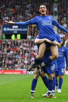 Federico Macheda celebrates a goal scored for Manchester United during the 2008/09 English Premier League season. The striker, currently on loan at QPR, has been accused of a homophobic tweet.