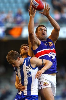 Brian Lake of the Bulldogs marks during round nine match between the North Melbourne Kangaroos and the Western Bulldogs.
