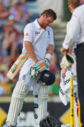 Off you go: Ian Bell walks off after being dismissed.