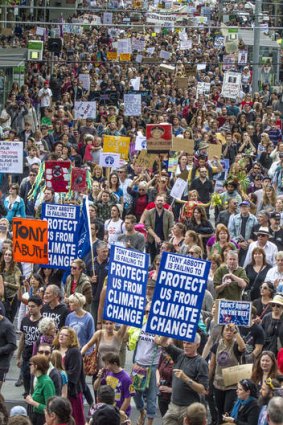 Protesters march through Melbourne CBD as part of the March in March demonstrations.