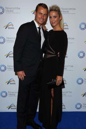 Lleyton Hewitt and wife Bec Hewitt arrive for the Newcombe Medal function.