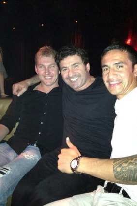 Triple treat ... Brett Lee, Benny Elias and Tim Cahill at The Star on Wednesday night after Origin II.