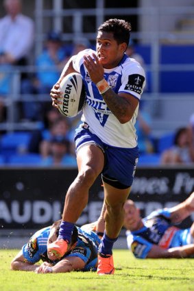 Ben Barba of the Bulldogs makes a break during the round five NRL match between the Gold Coast Titans and the Canterbury Bulldogs at Skilled Park.
