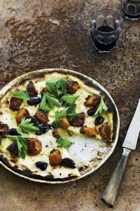 Pumpkin pizza with olives  and bocconcini from Maggie?s Verjuice Cookbook, by Maggie Beer (Lantern, an imprint of Penguin, February 22, 2012, $39.95).