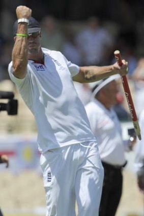 Kevin Pietersen, man of the match, celebrates England's win in Adelaide.
