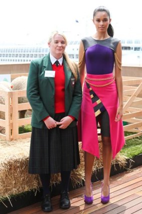 Year 10 student Brooke Pearce, left, showcased her design for the royal visitor.