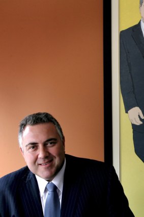 New shadow treasurer Joe Hockey (left) in front of his portrait by artist Leigh Colacino, in Sydney last week.