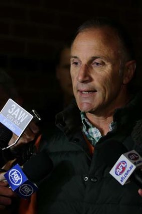 Tim Watson speaking to the media after a meeting of parents of Essendon players on August 20.