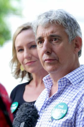 Greens Senator Larissa Waters campaigning with the party's Griffith candidate Geoff Ebbs.