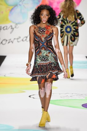 Winnie Harlow walks the runway at New York Fashion Week in February.