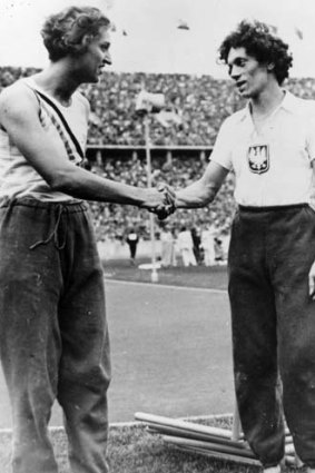 Mutual suspicion &#8230; Stella Walsh, of Poland, right, congratulates Helen Stephens, of the US, on her world record in the women's 100 metres at the 1936 Olympics in Berlin.