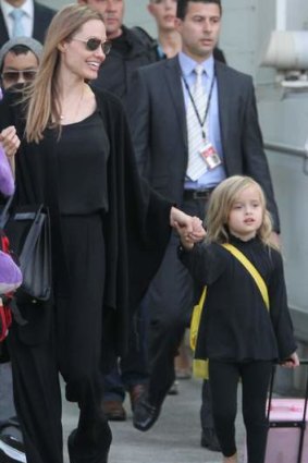 Jolie arriving, with her children, in Sydney last week.