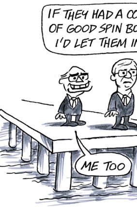 Cartoon / illustration by Ron Tandberg. The Age. 30-10-2009. Former prime minister John Howard and prime minister Kevin Rudd standing on the end of a pier.Rudd: If they had a couple of good spin bowlers I'd let them in!Howard: Me too. Re. Sri Lankan refugees on Oceanic Viking.