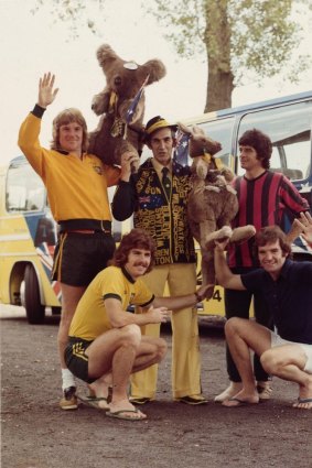 Johnny Warren posing with Socceroos teammates and mascot en route to the 1974 tournament.