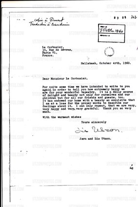 A 1960 letter from Utzon to Le Corbusier in which he describes the tapestry as a 'daily source of delight and beauty'. 