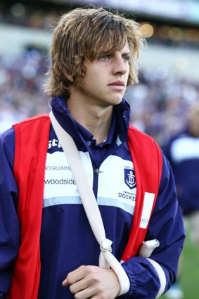 After the siren ... Nathan Fyfe at last week's match between the Fremantle and Brisbane.