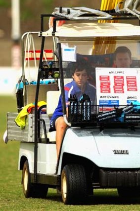 The Bulldogs drinks cart displays  an 'L' sign during a training session at Whitten Oval on April 7, 2010. The previous week Brad Johnson was hit by the cart, ruling him out of the weekend's game.