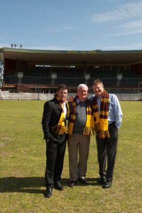 Hawthorn greats Shane Crawford, Graham Arthur and Peter Knights at Glenferie Oval today.
